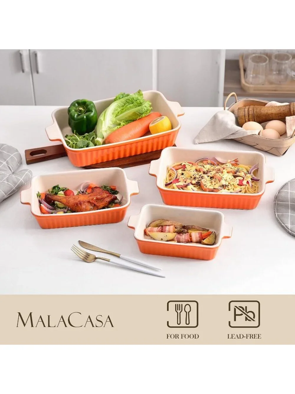 4 Set Orange Ceramic Casserole Dishes for Oven Ceramic Baking Deep Dishes Set